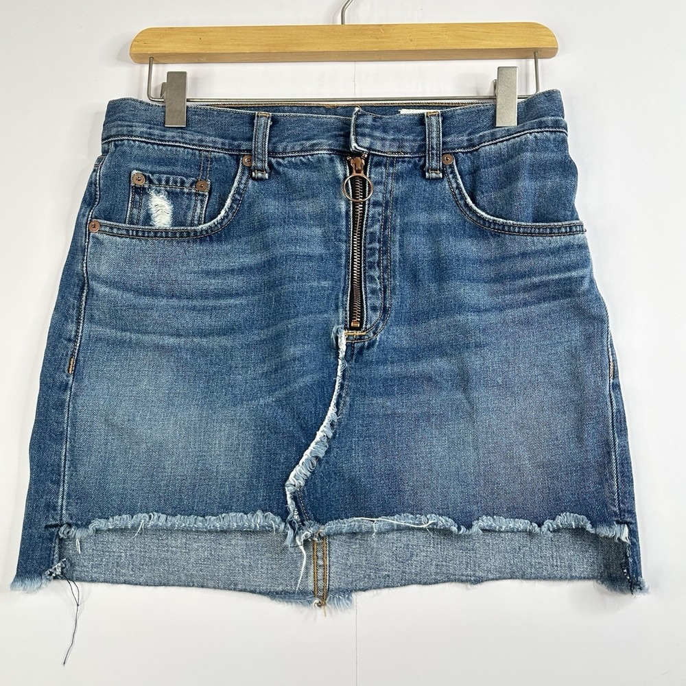 rag & bone Denim Mini Skirt Women's 27 Blue Asymmetrical Raw Hem Ring Zipper